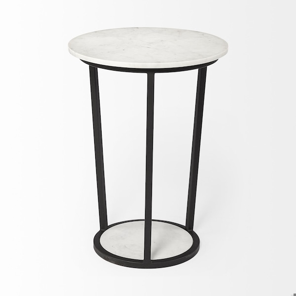 Homeroots 18 in. Round Marble Top Accent Table with Metal Frame, White & Black - 380684