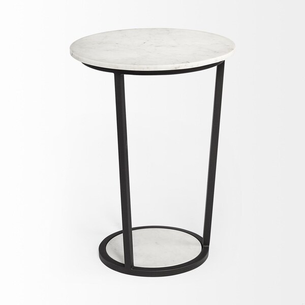 Homeroots 18 in. Round Marble Top Accent Table with Metal Frame, White & Black - 380684