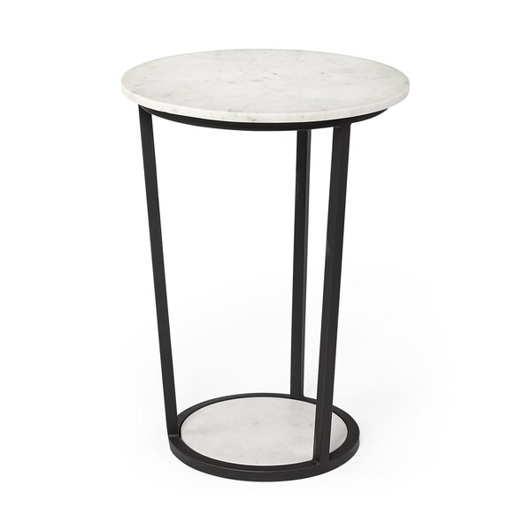Homeroots 18 in. Round Marble Top Accent Table with Metal Frame, White & Black - 380684