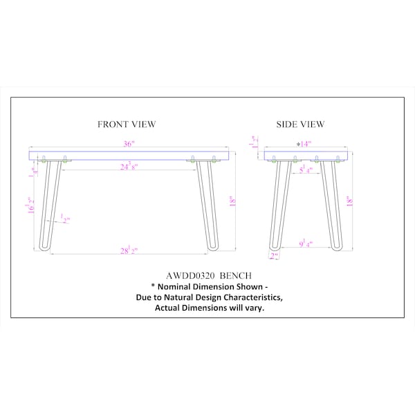 Alaterre Furniture Hairpin Natural Live Edge Wood with Metal 36" Bench, Natural - AWDD0320