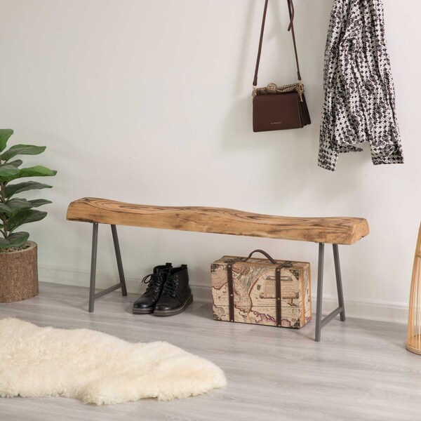 Vintiquewise Rustic Carved Wood Natural Log Accent Bench for Entryway, Indoor and Outdoor - QI004287