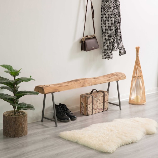 Vintiquewise Rustic Carved Wood Natural Log Accent Bench for Entryway, Indoor and Outdoor - QI004287