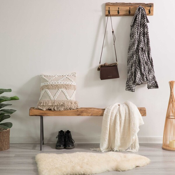 Vintiquewise Rustic Carved Wood Natural Log Accent Bench for Entryway, Indoor and Outdoor - QI004287