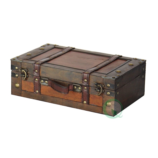 Vintiquewise Wooden Vintage Luggage Trunks - Antique Carry on Suitcase Storage Box with Hinged Lids, Small - QI003013.S