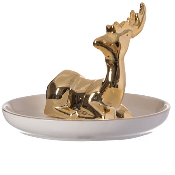 Uniquewise Modern Ceramic Trinket Dish Accent Plate Jewelry Holder White Plate and Gold Deer - QI004368.DR