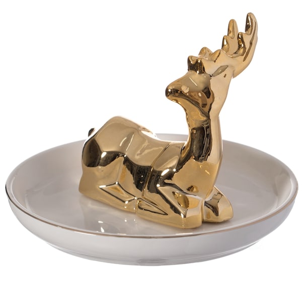 Uniquewise Modern Ceramic Trinket Dish Accent Plate Jewelry Holder White Plate and Gold Deer - QI004368.DR