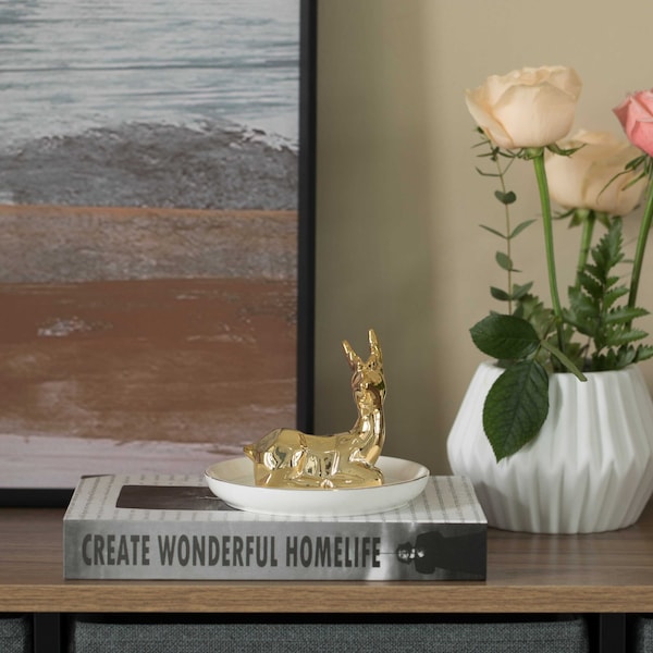 Uniquewise Modern Ceramic Trinket Dish Accent Plate Jewelry Holder White Plate and Gold Deer - QI004368.DR