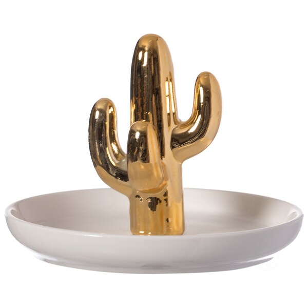 Uniquewise Modern Ceramic Trinket Dish Accent Plate Jewelry Holder White Plate and Gold Cactus Tree - QI004368.TR