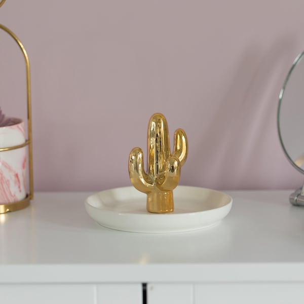 Uniquewise Modern Ceramic Trinket Dish Accent Plate Jewelry Holder White Plate and Gold Cactus Tree - QI004368.TR