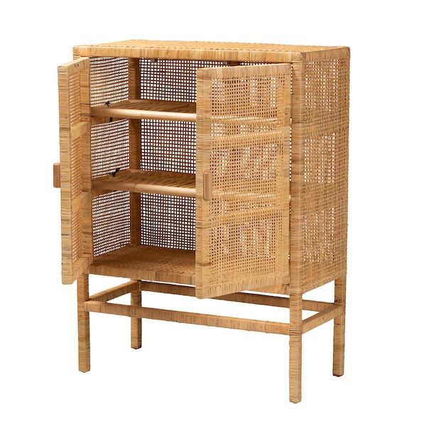 Baxton Studio Vivan Modern Bohemian Natural Brown Rattan and Mahogany Wood 3-Shelf Storage Cabinet - 228-13134-ZORO