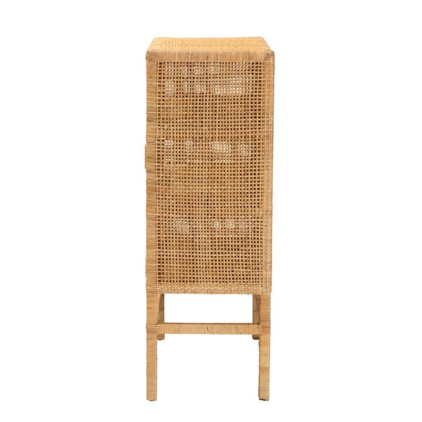 Baxton Studio Vivan Modern Bohemian Natural Brown Rattan and Mahogany Wood 3-Shelf Storage Cabinet - 228-13134-ZORO