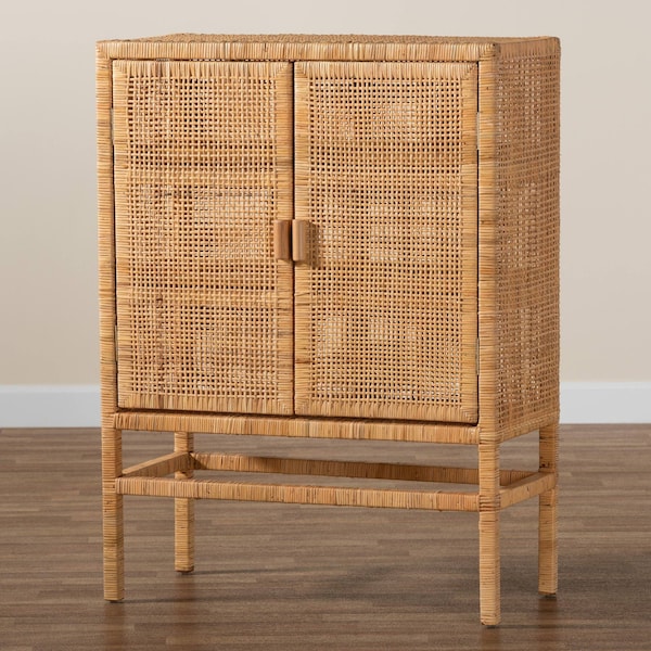 Baxton Studio Vivan Modern Bohemian Natural Brown Rattan and Mahogany Wood 3-Shelf Storage Cabinet - 228-13134-ZORO