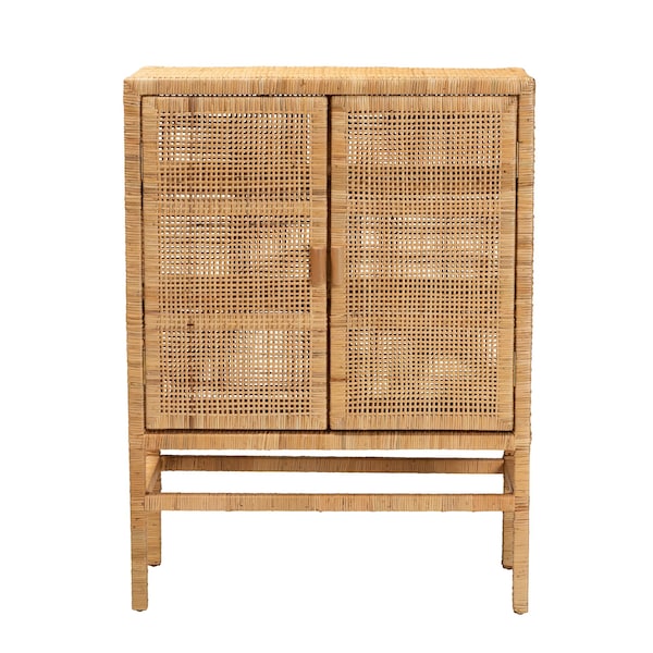 Baxton Studio Vivan Modern Bohemian Natural Brown Rattan and Mahogany Wood 3-Shelf Storage Cabinet - 228-13134-ZORO