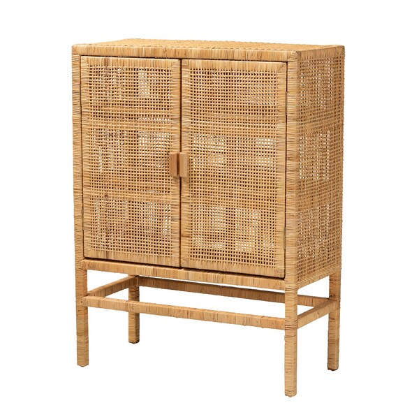 Baxton Studio Vivan Modern Bohemian Natural Brown Rattan and Mahogany Wood 3-Shelf Storage Cabinet - 228-13134-ZORO