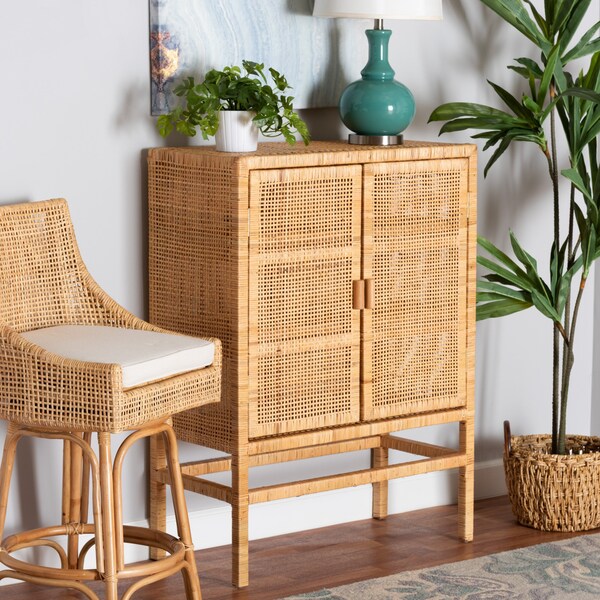Baxton Studio Vivan Modern Bohemian Natural Brown Rattan and Mahogany Wood 3-Shelf Storage Cabinet - 228-13134-ZORO