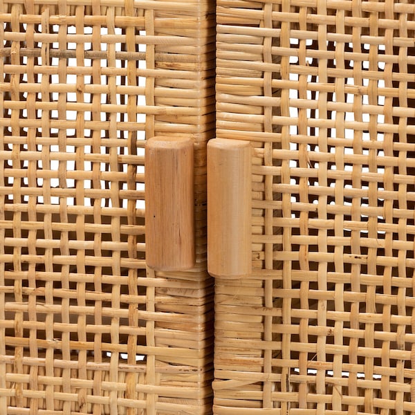 Baxton Studio Vivan Modern Bohemian Natural Brown Rattan and Mahogany Wood 3-Shelf Storage Cabinet - 228-13134-ZORO