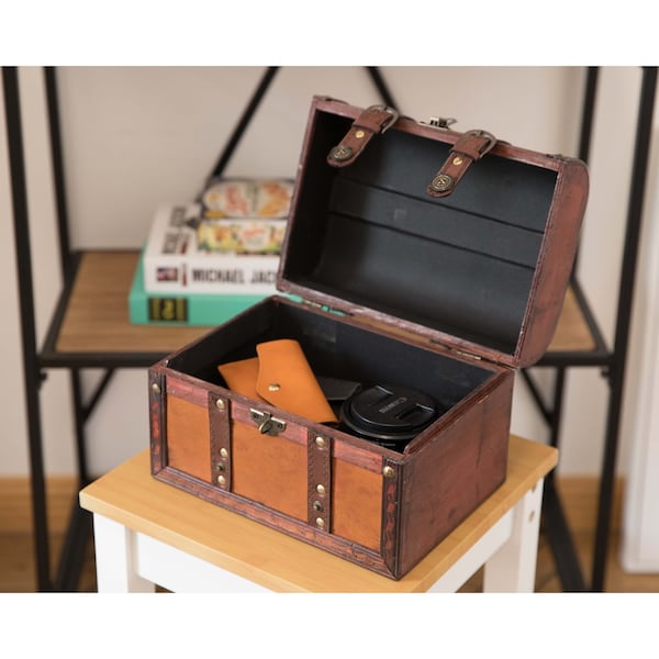 Vintiquewise Decorative Wood Leather Treasure Box - Large Trunk - QI003006.L