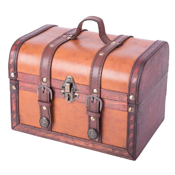 Vintiquewise Decorative Wood Leather Treasure Box - Large Trunk - QI003006.L
