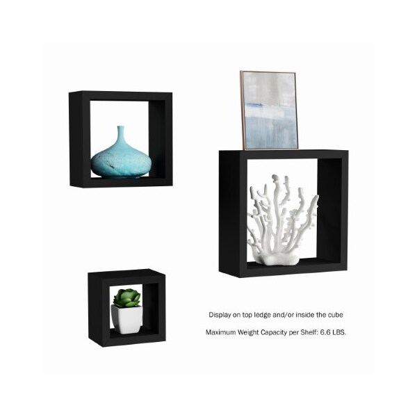 Hastings Home Floating Shelves, Cube Wall Set with Hidden Brackets, 3 Sizes to Display Decor, Books, Photos, (Black - 484899FEC