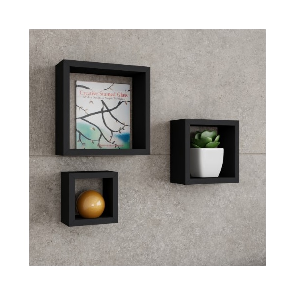 Hastings Home Floating Shelves, Cube Wall Set with Hidden Brackets, 3 Sizes to Display Decor, Books, Photos, (Black - 484899FEC