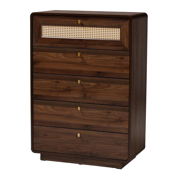 Baxton Studio Jenibelle Classic Walnut Brown Wood 5-Drawer Chest with Rattan Drawer - 242-13508-ZORO