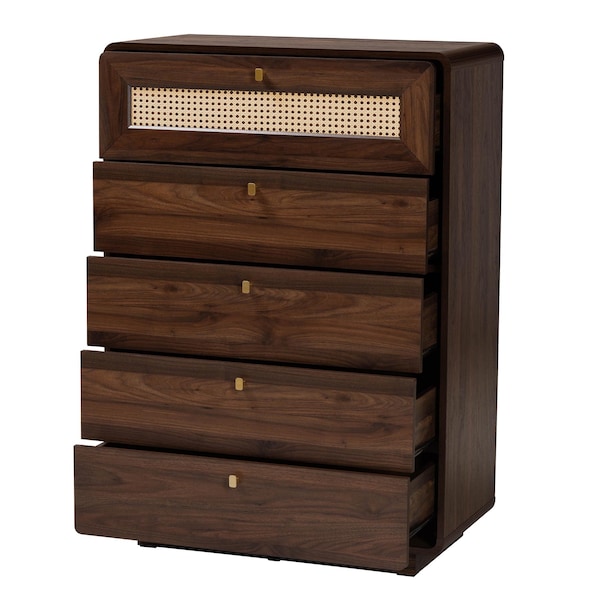 Baxton Studio Jenibelle Classic Walnut Brown Wood 5-Drawer Chest with Rattan Drawer - 242-13508-ZORO
