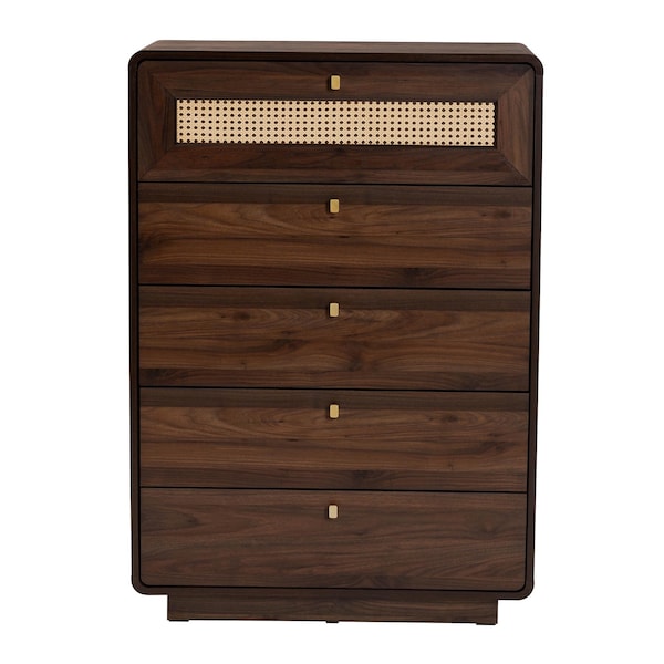 Baxton Studio Jenibelle Classic Walnut Brown Wood 5-Drawer Chest with Rattan Drawer - 242-13508-ZORO