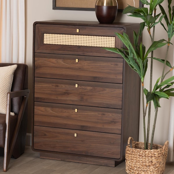 Baxton Studio Jenibelle Classic Walnut Brown Wood 5-Drawer Chest with Rattan Drawer - 242-13508-ZORO