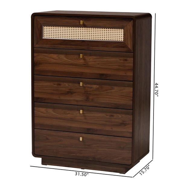 Baxton Studio Jenibelle Classic Walnut Brown Wood 5-Drawer Chest with Rattan Drawer - 242-13508-ZORO