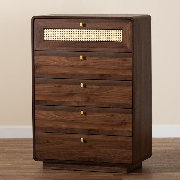 Baxton Studio Jenibelle Classic Walnut Brown Wood 5-Drawer Chest with Rattan Drawer - 242-13508-ZORO