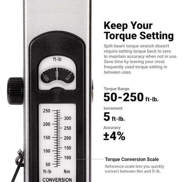Capri Tools 1/2 in. Drive Flex-Head Split Beam Torque Wrench, 50-250 ft. lbs. - CP31600-250FL