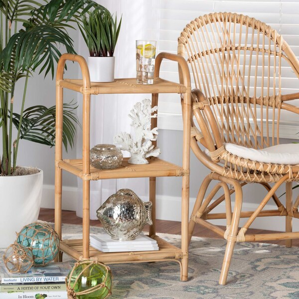 Baxton Studio Barras Modern Bohemian Natural Brown Finished Rattan 3-Tier Display Shelf - 205-12685