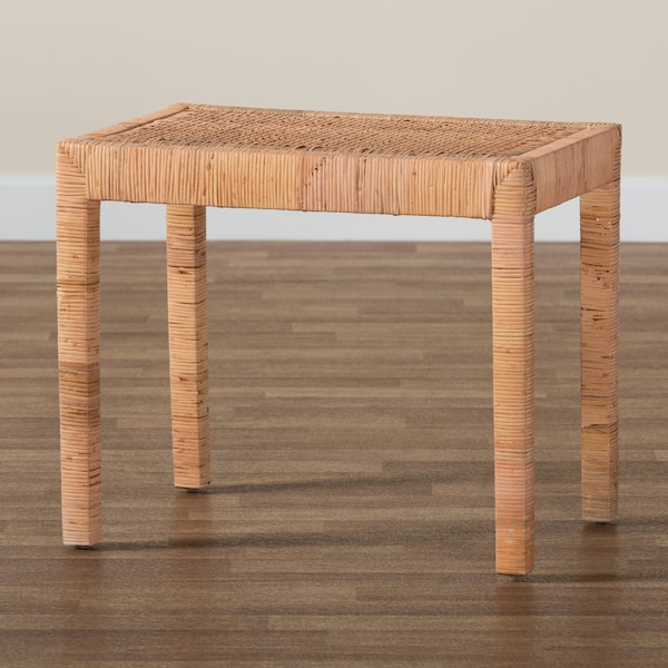 Baxton Studio Abelia Modern Bohemian Natural Rattan and Mahogany Wood Short Accent Bench - 229-13147-ZORO