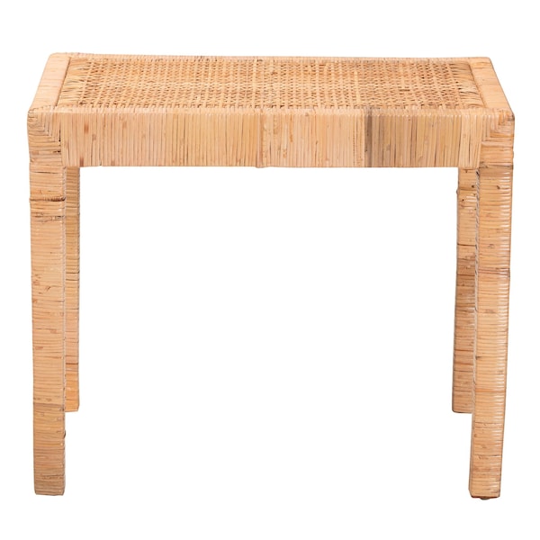Baxton Studio Abelia Modern Bohemian Natural Rattan and Mahogany Wood Short Accent Bench - 229-13147-ZORO