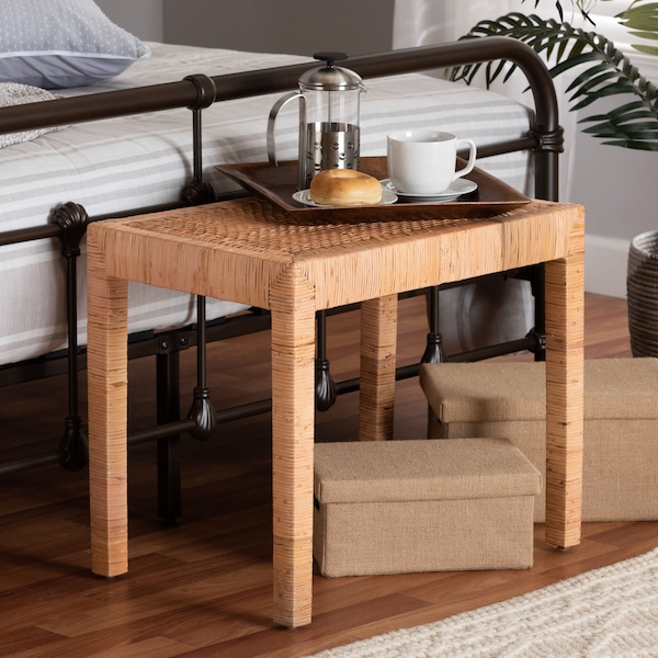 Baxton Studio Abelia Modern Bohemian Natural Rattan and Mahogany Wood Short Accent Bench - 229-13147-ZORO