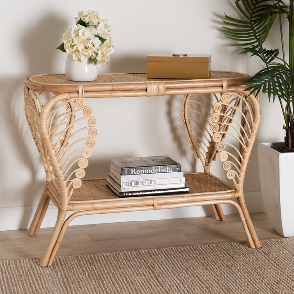 Baxton Studio Bastet Modern Bohemian Natural Brown Rattan 2-Tier Console Table - 232-13225-ZORO
