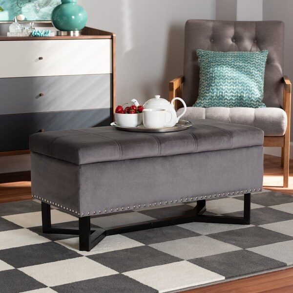 Baxton Studio Esther Modern and Contemporary Grey Velvet Fabric and Dark Brown Finished Wood Storage Ottoman - 178-11296-ZORO