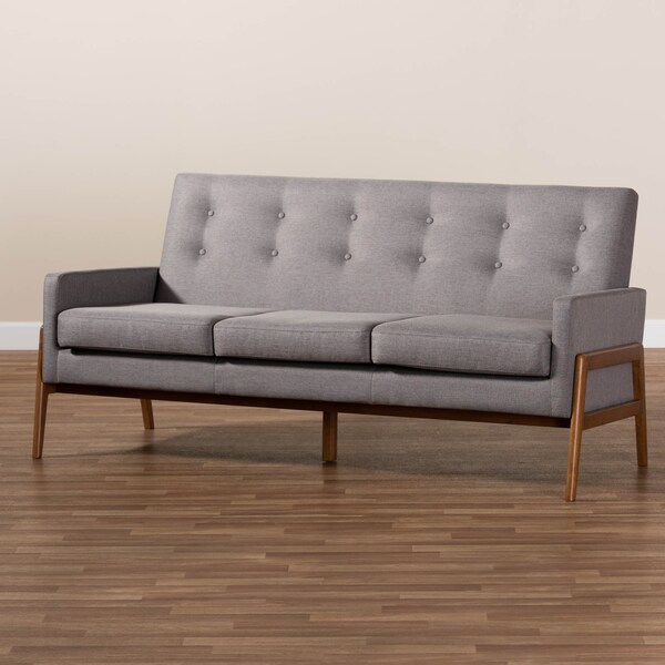 Baxton Studio Perris Mid-Century Light Grey Upholstered Walnut Finished Wood Sofa - 160-10252