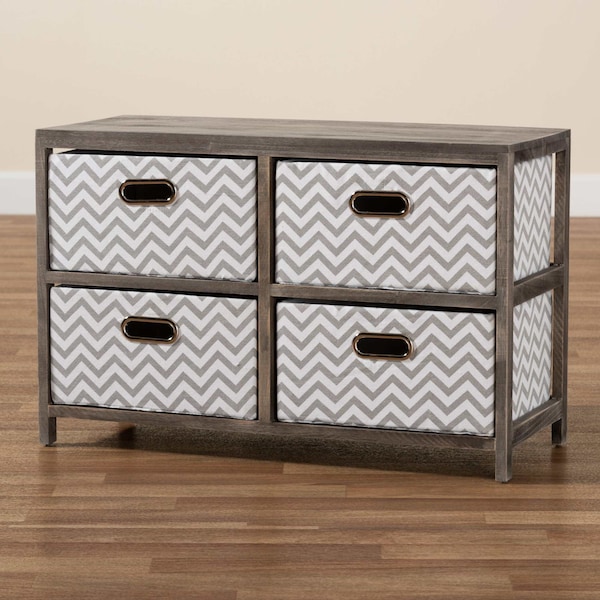 Baxton Studio Jorah ModernGrey and White Fabric Upholstered Greywashed Wood 4-Basket Storage Unit - 198-12288-ZORO