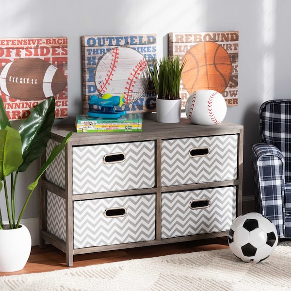 Baxton Studio Jorah ModernGrey and White Fabric Upholstered Greywashed Wood 4-Basket Storage Unit - 198-12288-ZORO