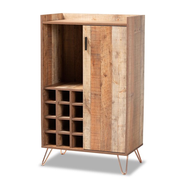 Baxton Studio Mathis Modern Rustic Brown Finished Wood and Rose Gold Finished Metal Wine Storage Cabinet - 178-11227-ZORO