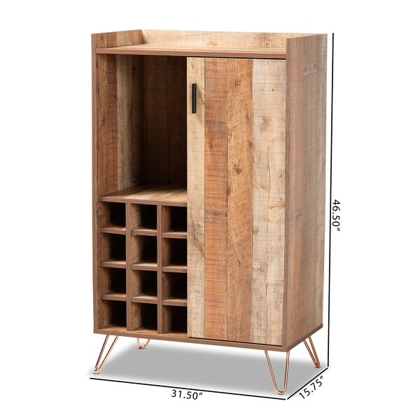 Baxton Studio Mathis Modern Rustic Brown Finished Wood and Rose Gold Finished Metal Wine Storage Cabinet - 178-11227-ZORO