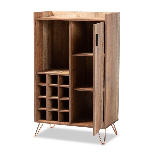 Baxton Studio Mathis Modern Rustic Brown Finished Wood and Rose Gold Finished Metal Wine Storage Cabinet - 178-11227-ZORO
