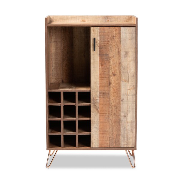 Baxton Studio Mathis Modern Rustic Brown Finished Wood and Rose Gold Finished Metal Wine Storage Cabinet - 178-11227-ZORO