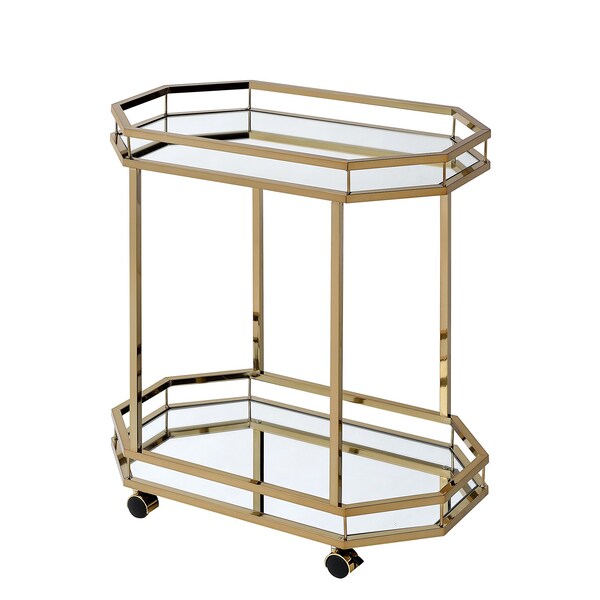 Acme Metal Frame Serving Cart with Bottom Shelf in Gold and Mirrored - ER-0157GD