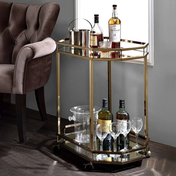 Acme Metal Frame Serving Cart with Bottom Shelf in Gold and Mirrored - ER-0157GD