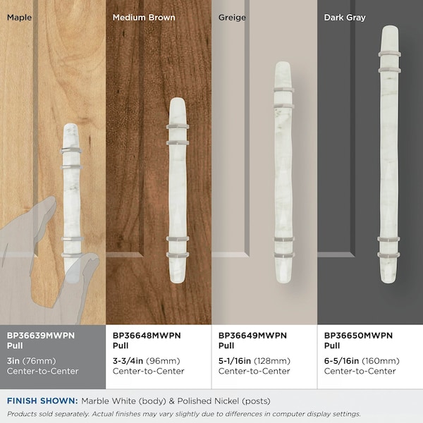 Amerock Carrione 3 inch 76mm Center-to-Center Marble White/Polished Nickel Cabinet Pull - BP36639MWPN