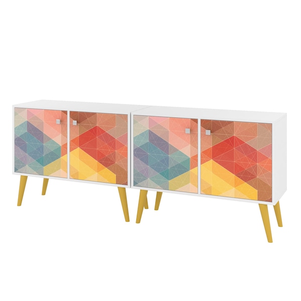 Manhattan Comfort Avesta 2-Piece Double Side Table in White, Stamp, Yellow - 2-7AMC132