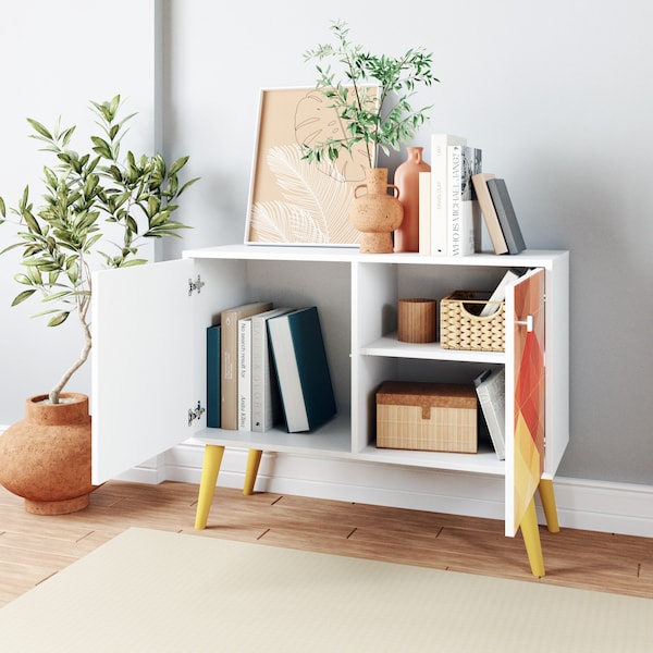 Manhattan Comfort Avesta 2-Piece Double Side Table in White, Stamp, Yellow - 2-7AMC132