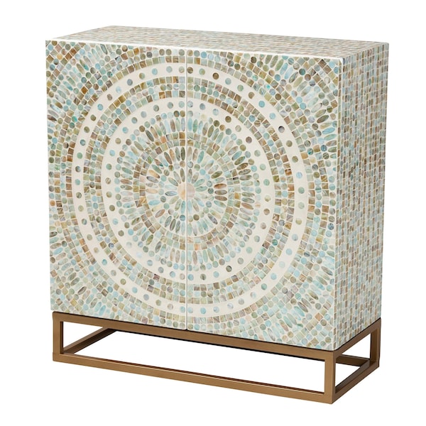 Baxton Studio Quintus Modern Bohemian Multicolor Mother of Pearl and Gold Metal Storage Cabinet - 240-13473-ZORO